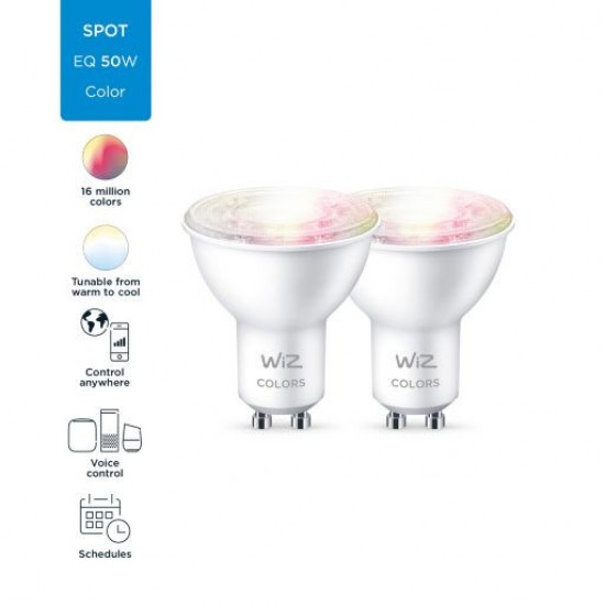 Pack 2 Lâmpadas LED Smart WiFi + Bluetooth GU10 PAR16 RGB+CCT Regulável WIZ 4.9W