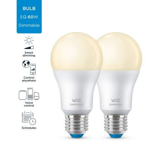 Pack 2 Lâmpadas LED Smart WiFi + Bluetooth E27 A60 Regulável WIZ 8W